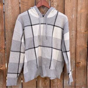 RACHEL ROY Women’s Gray White Plaid Sweater Hoodie Long Sleeve Size Large